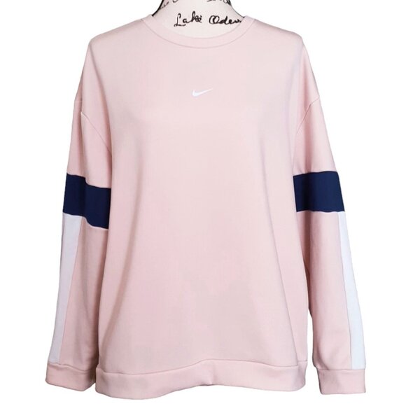 Nike Retro Vibe Fleece Sweatshirt Pouch Pocket Striped Pink Blue White Gray LG - Picture 1 of 7